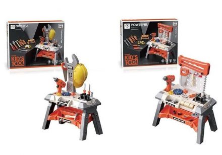 Набір інструментів 8803-1 / 8804-1 (12) 2 види, 63 деталі, майстерня, підсвічування, шуруповерт на батарейках, каска, окуляри, стілець