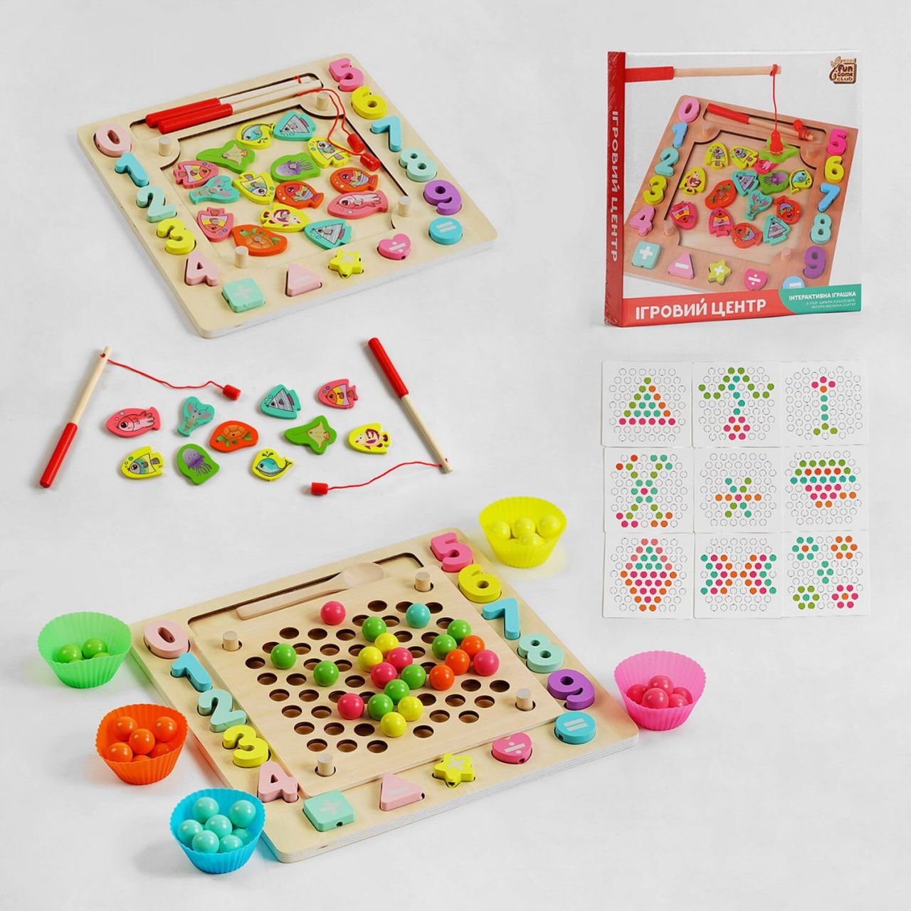 Ігровий центр 30351 (12) "4FUN Game Club Wood", магнітна рибалка, сортер, мозаїка, гра-шнурівка