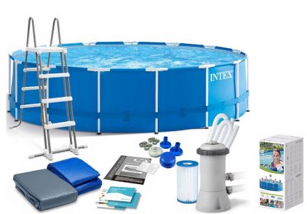 Intex Басейн каркасний 28242 NP (1) від 6 років, сходи, тент, підстилка, насос та фільтр у комплекті, діаметр 457см, висота 122см, 16805 л, насос 3785 л/год