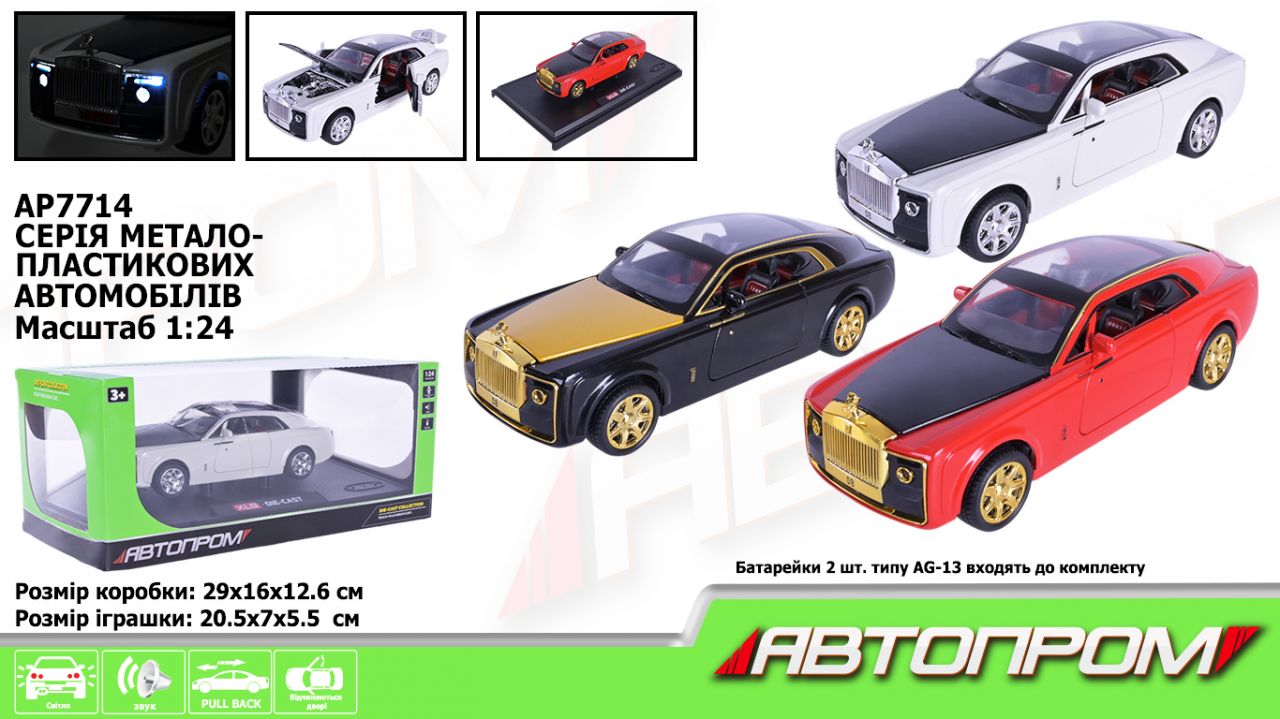 Машина мет. АВТОПРОМ арт. AP7714 (12шт) 1:24, 3 кольори, батар, світ., звук, двері відкр