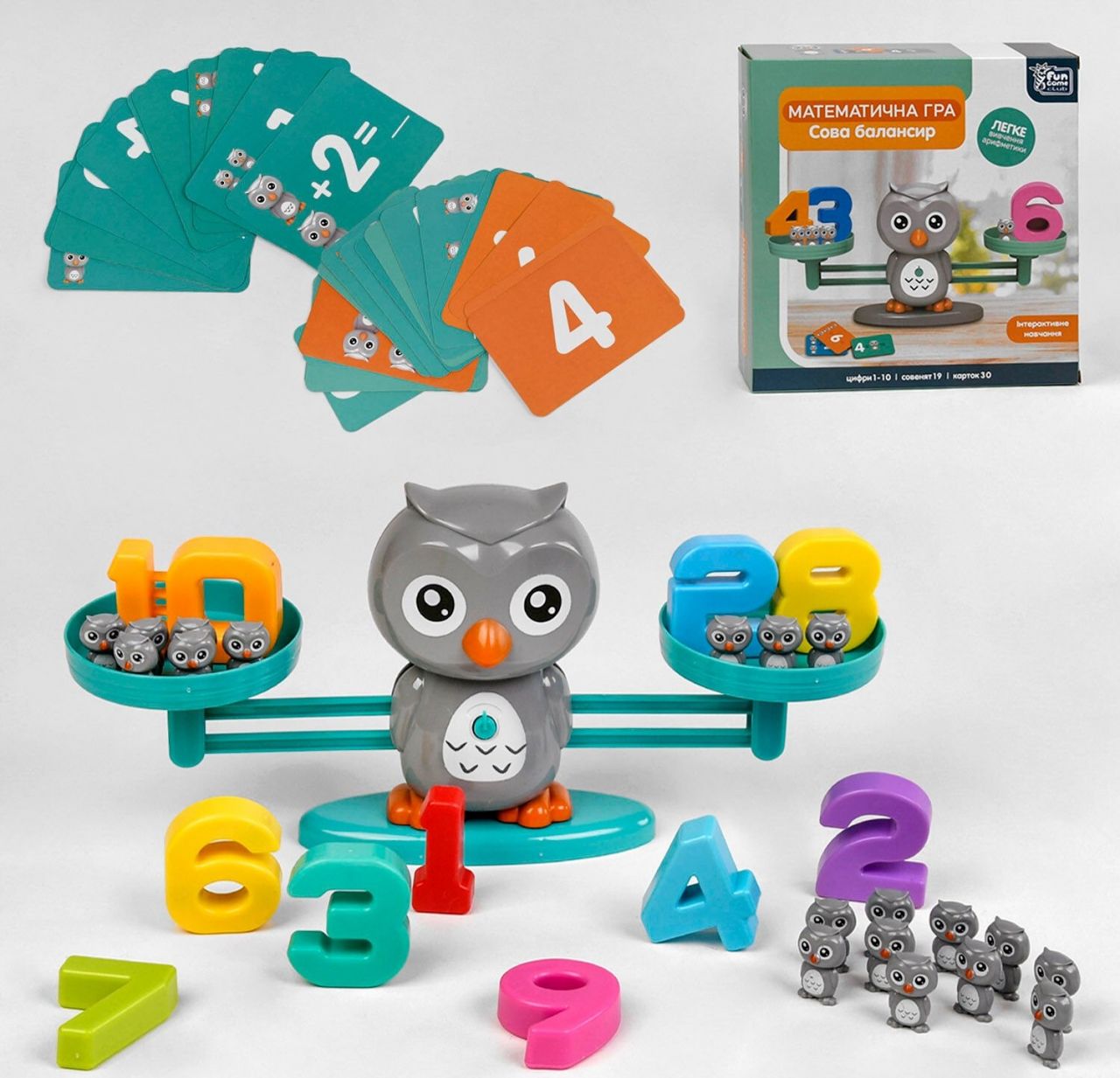 Балансир "Сова" 30299 (12/2) “4FUN Game Club”, 53 елементи, 3 рівні гри, 30 двосторонніх карток, цифри від 1 до 10, в коробці