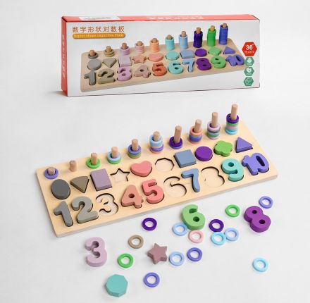 'Деревянная игра С 49373 (36) ''Математическая игра'', 85 элементов, колышки, фигуры, цифры, кольца, в коробке'