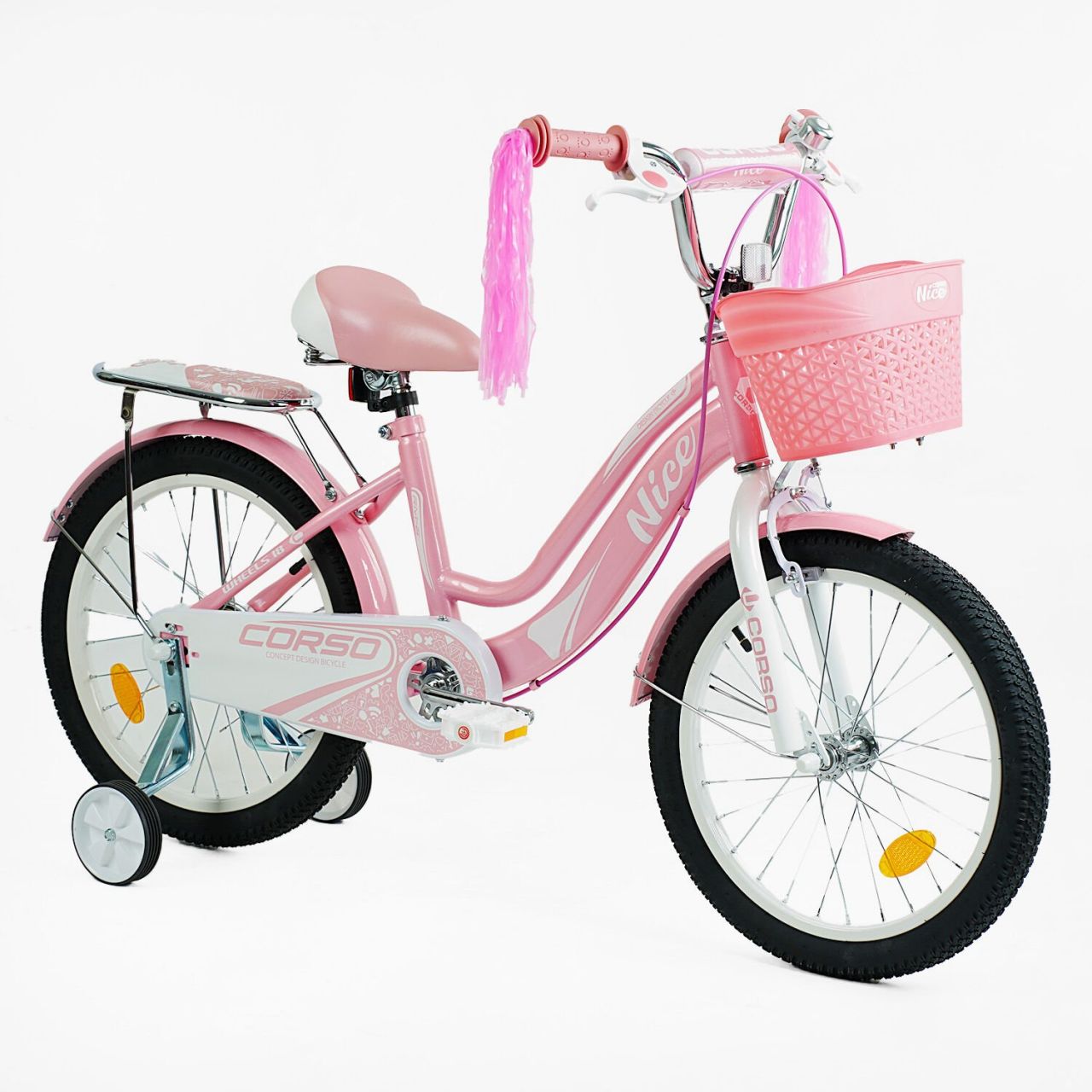 Велосипед 2-х колісний 18" "CORSO" NC-18005 "Nice" (1) сталева рама, ручне гальмо, дод. колеса, дзвоник, корзинка, зібран на 85%