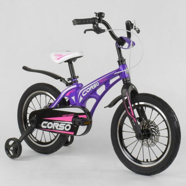 Велосипед 16'' дюймов 2-х колёсный ''CORSO'' MG-16 Y 101 (ФИОЛЕТОВЫЙ, МАГНИЕВАЯ РАМА, АЛЮМИНИЕВЫЕ ДВОЙНЫЕ ДИСКИ С УСИЛЕННОЙ СПИЦЕЙ, ДИСКОВЫЕ ТОРМОЗА )