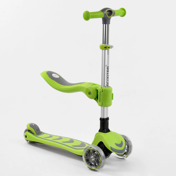Самокат трехколесный Т-07196 (Best Scooter, САЛАТОВЫЙ, С СИДЕНИЕМ, складной алюминиевый руль, 4 колеса PU со светом, d=12 см)